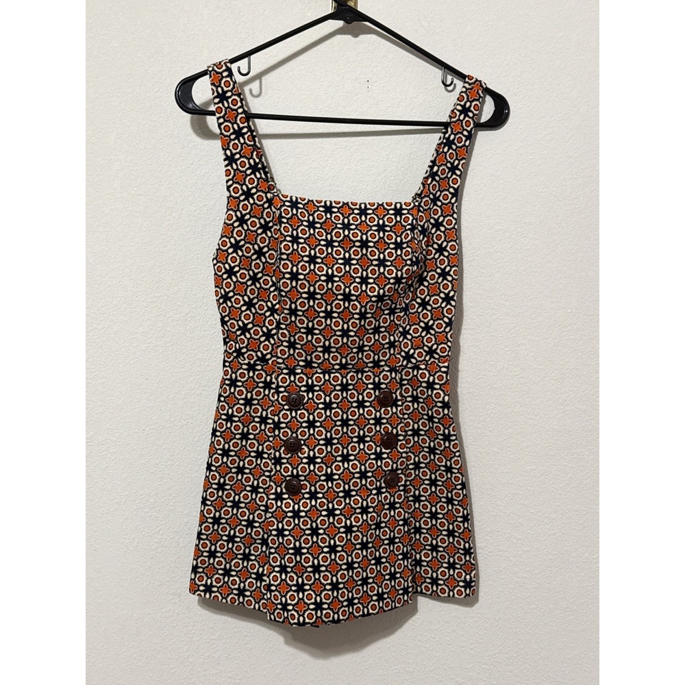 BDG Corduroy Romper Women XS Navy Orange Geometric Medallion Retro Button Front